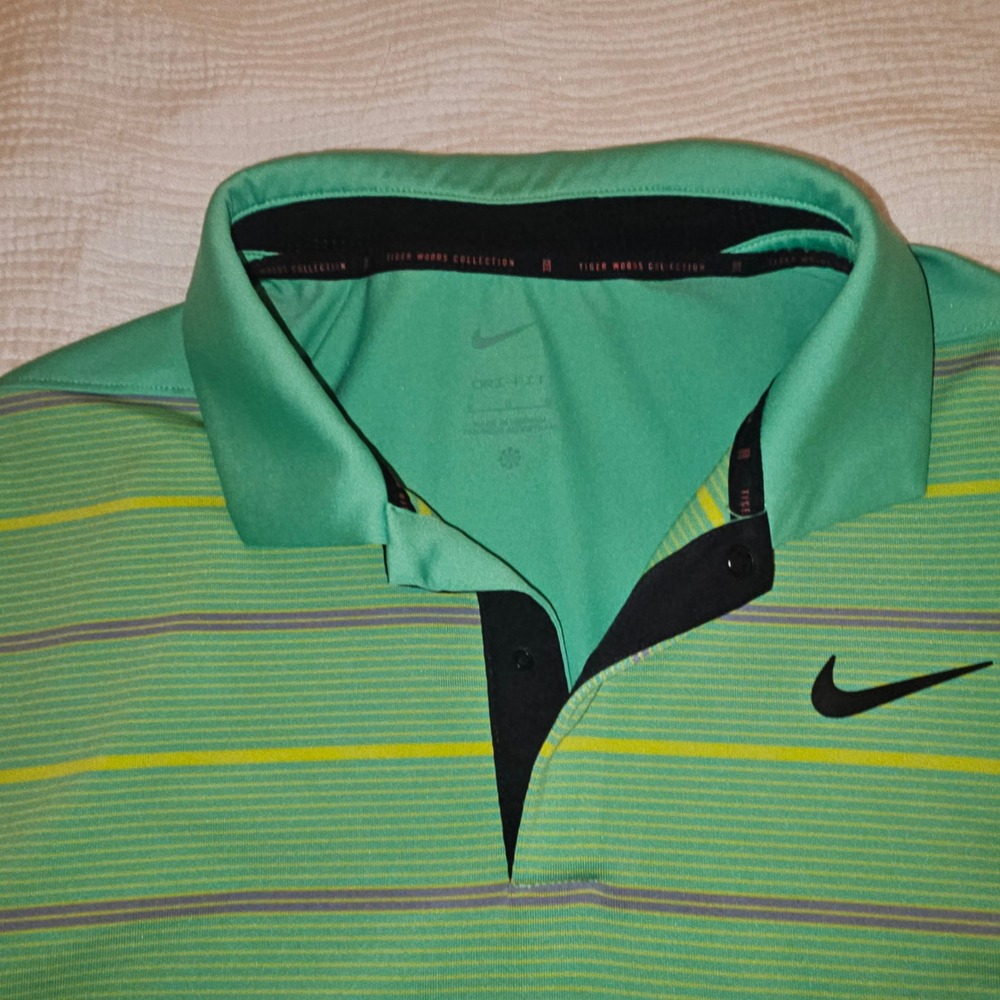 Nike Golf Shirt Mens Large Green Like New Tiger Woods Collection Dri-FIT Stripe - Picture 2 of 5